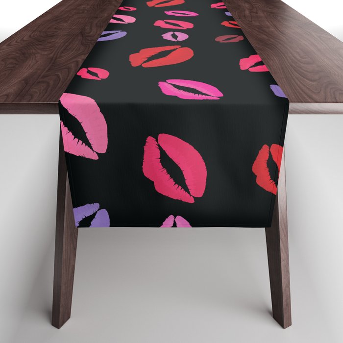 Lipstick kisses on black background. Digital Illustration background Table Runner