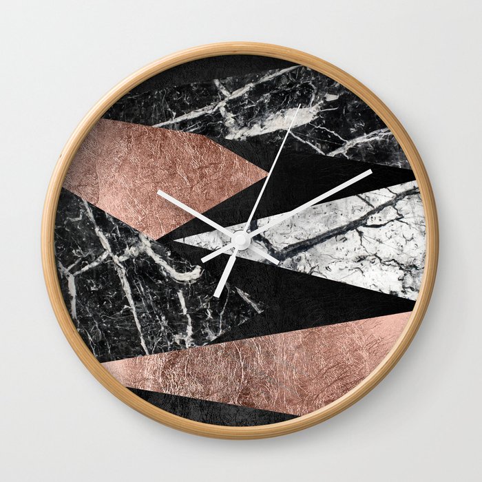 Elegant Modern Marble Rose Gold Black Foil Triangles Wall Clock