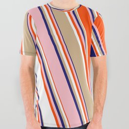 [ Thumbnail: Colorful Red, White, Tan, Midnight Blue, and Pink Colored Lines/Stripes Pattern All Over Graphic Tee ]