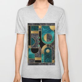 abstract geometric background. Art deco pattern with mosaic inlay grid. Mixed tiles with artificial marble stone textures and shiny golden metallic foil. Black malachite gold decorative wallpaper V Neck T Shirt