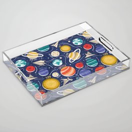 Paper space adventure I // navy blue background multicoloured solar system paper cut planets origami paper spaceships and rockets  Acrylic Tray