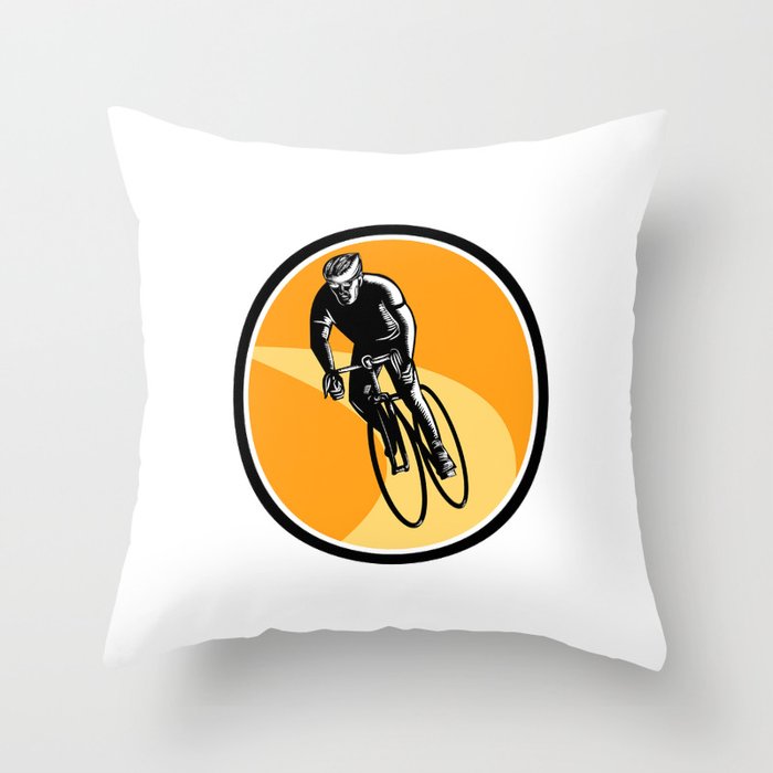 Cyclist Cycling Riding Racing Bike Woodcut Throw Pillow