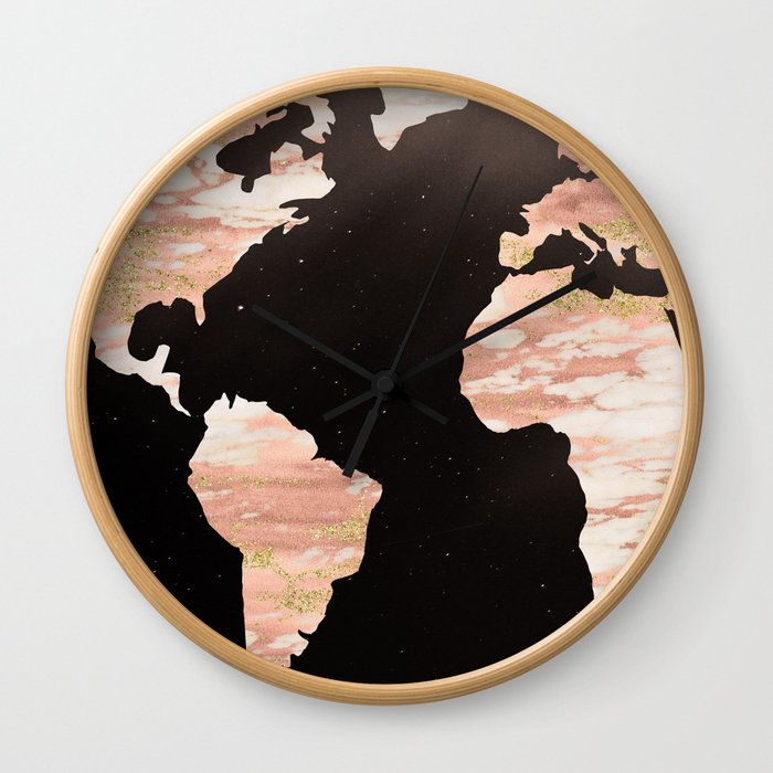 Earth Map Rose Gold Glitter Marble Space Wall Clock
