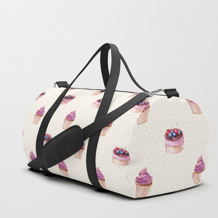 Vintage lavender pink ivory polka dots cherries pie cupcakes pattern Duffle Bag