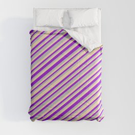 [ Thumbnail: Dark Violet, Grey, and Beige Colored Striped Pattern Comforter ]