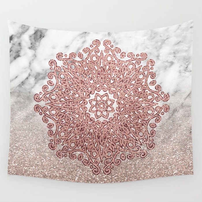 Rose Gold Mandala Marble Glitter Ombre Wall Tapestry By