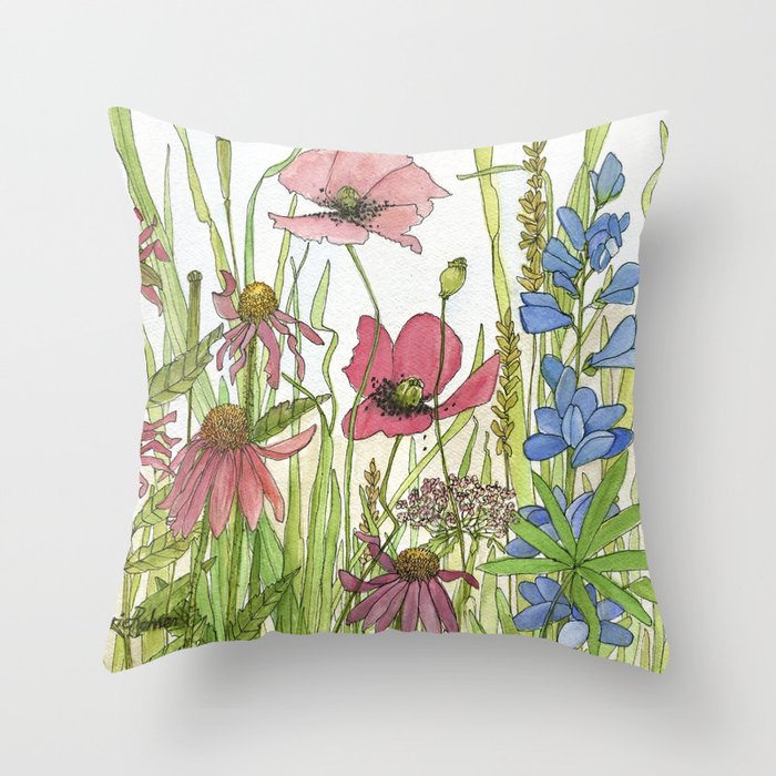 Red Poppy Wildflowers Watercolor Ink  Throw Pillow