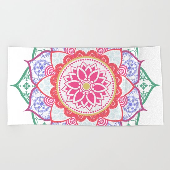 Decorative Coloured Flower Mandala Green Purple Blue Pink Beach Towel
