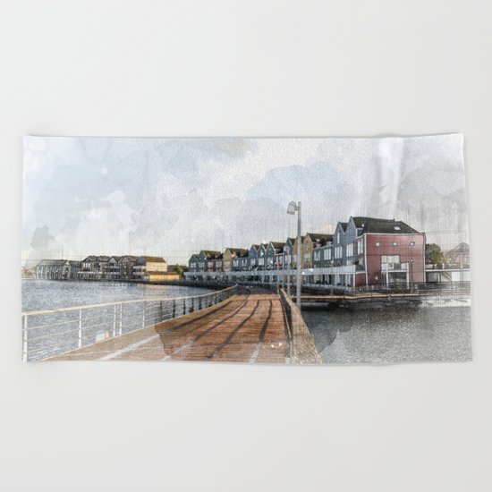 Rainbow Houses. Architectural watercolor and ink drawing Beach Towel
