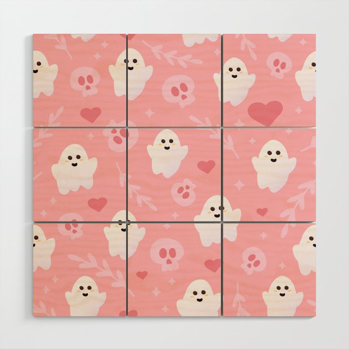 Ghost Cute Seamless Pattern in Pink Colours with Skulls, Hearts and Leaves Wood Wall Art