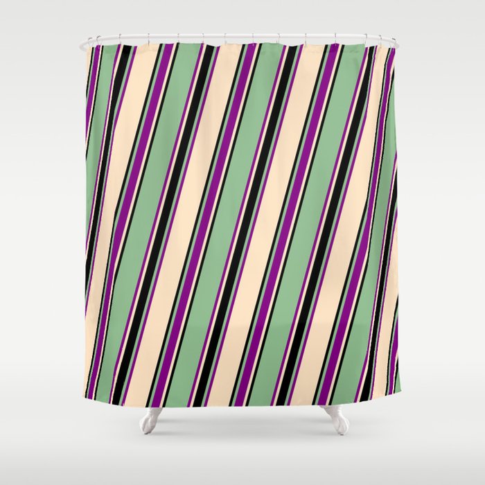 Dark Sea Green, Purple, Bisque, and Black Colored Lines Pattern Shower Curtain