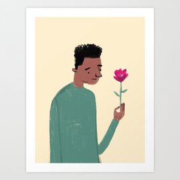 African American Boy in Green Shirt looking at pink flower Art Print