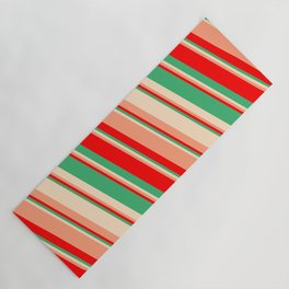 [ Thumbnail: Red, Sea Green, Bisque & Light Salmon Colored Lines/Stripes Pattern Yoga Mat ]