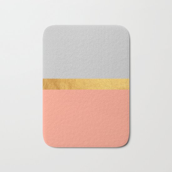 Minimalist Fashion Peach Pink + Gold + Squares Bath Mat