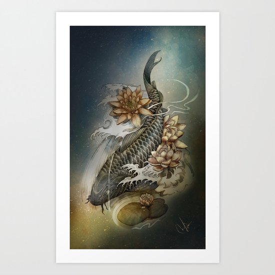 Koi and Lotus Art Print
