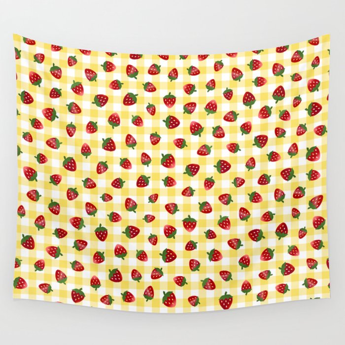 Strawberries All Over - yellow check Wall Tapestry