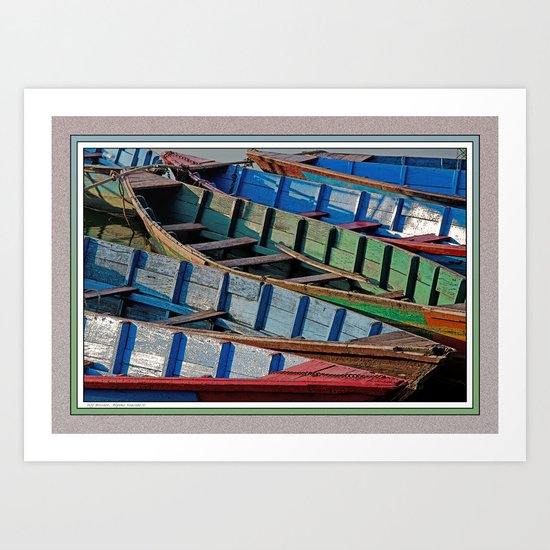 COLORFUL CANOES ALONG PHEWA LAKE SHORELINE POKHARA NEPAL Art Print