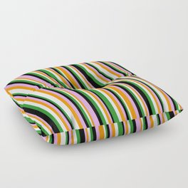 [ Thumbnail: Eye-catching Forest Green, Black, Plum, Dark Orange, and White Colored Striped Pattern Floor Pillow ]