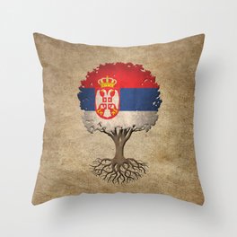 Vintage Tree of Life with Flag of Serbia Throw Pillow