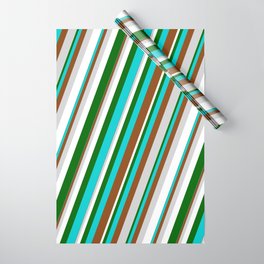 [ Thumbnail: Eyecatching Dark Turquoise, Brown, Light Gray, White & Dark Green Colored Lined Pattern Wrapping Paper ]