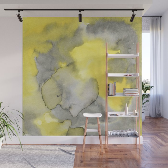 Hand Painted Gray Yellow Abstract Watercolor Pattern Wall Mural By