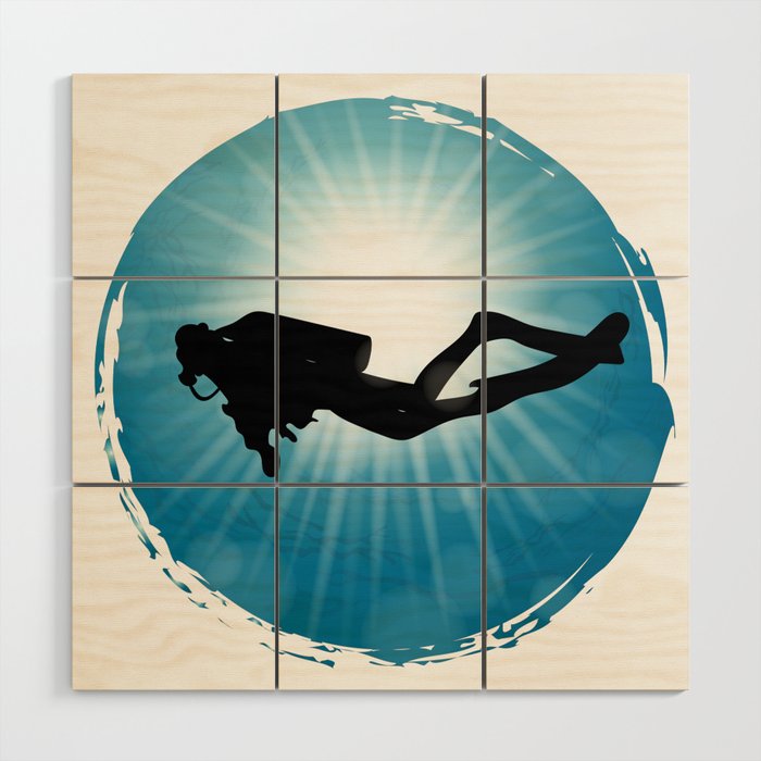 Scuba Diver Underwater Blue Ocean Wood Wall Art