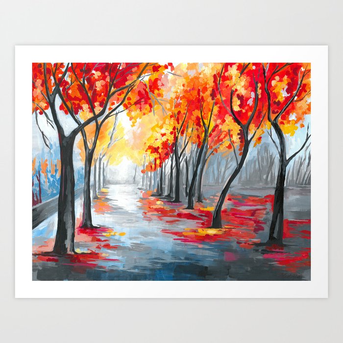Fall Autumn Landscape Rainy Tree Changing Leaves Painting Art