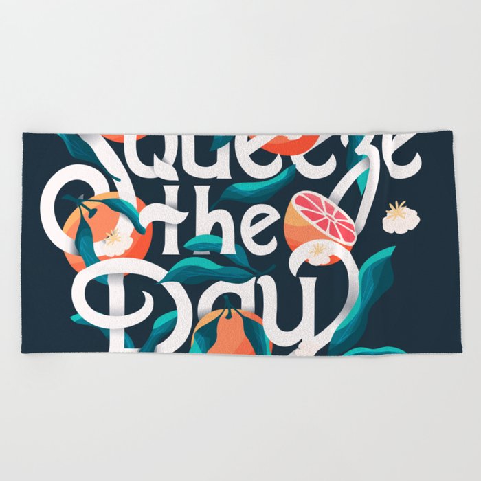 Squeeze the day lettering illustration with oranges on dark blue background VECTOR Beach Towel