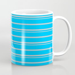 [ Thumbnail: Deep Sky Blue and Grey Colored Pattern of Stripes Coffee Mug ]