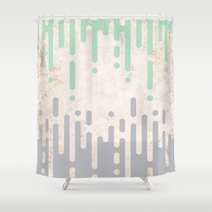 Marble and Geometric Diamond Drips, in Grey and Mint Shower Curtain