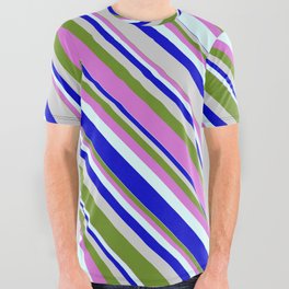 [ Thumbnail: Colorful Light Grey, Green, Orchid, Light Cyan, and Blue Colored Lined/Striped Pattern All Over Graphic Tee ]