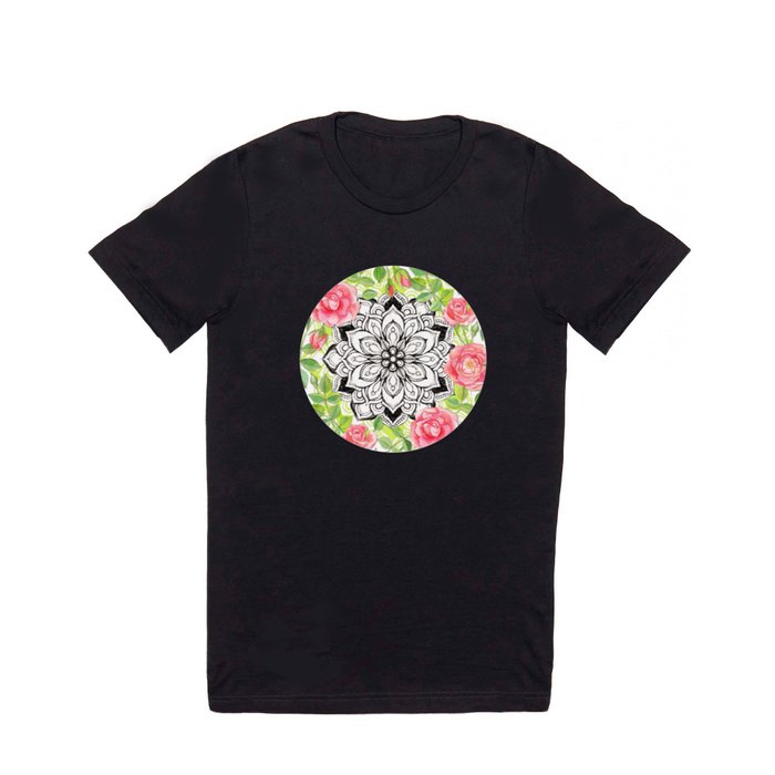 Peach Pink Roses and Mandalas on Lime Green and White T Shirt