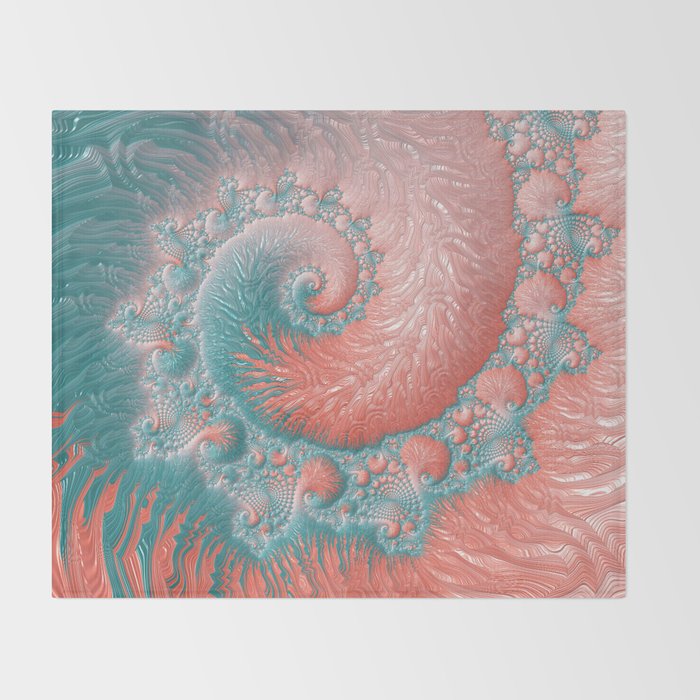 Living Coral Teal Blue Spiral Swirl Pattern Abstract Coral Reef Fractal Throw Blanket By Annyrose