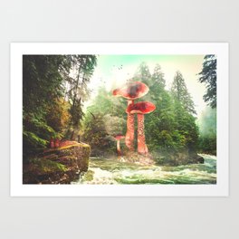 Escape from the Mushroom Planet Art Print | Mist, Trees, Space, Painting, Shrooms, Digital, Curated, Mythical, Mushroom, Fog 