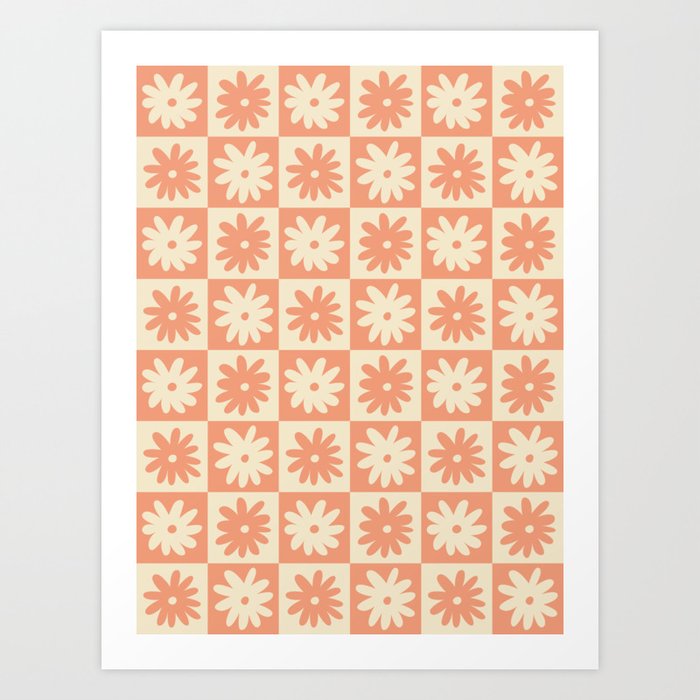 Peach And Off White Checkered Floral Pattern Art Print