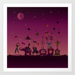 colorful circus carnival traveling in one row at night Art Print