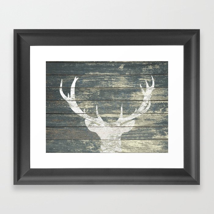 Rustic White Deer Silhouette Teal Wood A311 Framed Art Print