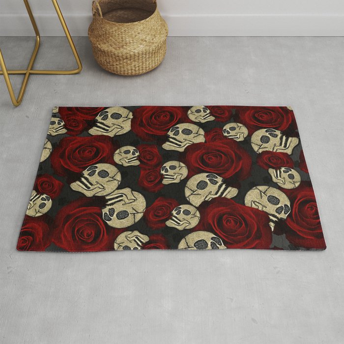 Red Roses Skulls Grey Black Floral Gothic Rug By Christyne Society6