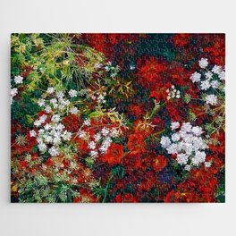 Red poppies and baby's breath bouquets still life floral blossom portrait painting for home, wall, bedroom, kitchen, and living room decor Jigsaw Puzzle