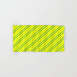 [ Thumbnail: Green and Yellow Colored Stripes/Lines Pattern Hand & Bath Towel ]