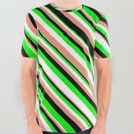 [ Thumbnail: Lime, White, Dark Salmon, and Black Colored Pattern of Stripes All Over Graphic Tee ]