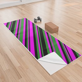 [ Thumbnail: Fuchsia, Forest Green & Black Colored Lines/Stripes Pattern Yoga Towel ]