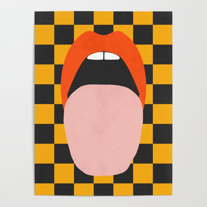 Funky minimalist pop art sexy lips tongue black yellow check Poster