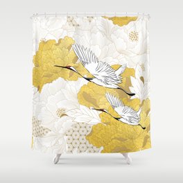 Chinese seamless pattern with gold texture vintage. Peony flower with crane birds object in vintage style. Abstract art illustration.  Shower Curtain
