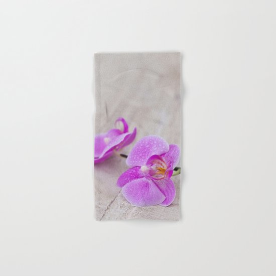 pink orchid flower close up water drops Hand & Bath Towel