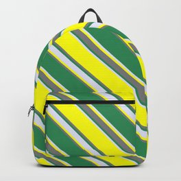 [ Thumbnail: Yellow, Gray, Sea Green, and Lavender Colored Striped Pattern Backpack ]