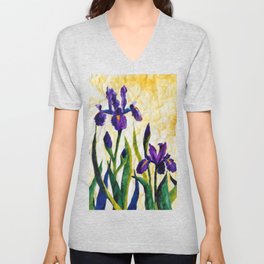 Watercolor Wild Iris on Wrinkled Paper V Neck T Shirt
