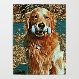 Sitting dog with dumbbell Poster