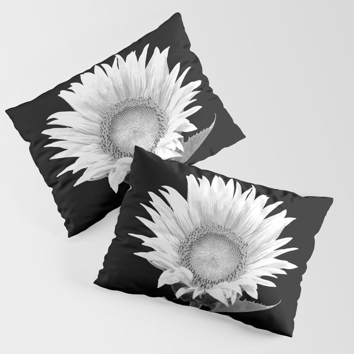 White Sunflower Black Background Pillow Sham