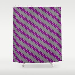 [ Thumbnail: Grey & Purple Colored Stripes Pattern Shower Curtain ]